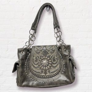 MONTANA WEST Gray LEATHER STUDDED RHINESTONE WESTERN COWGIRL HANDBAG PURSE